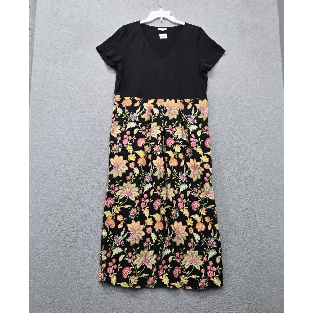 J. Jill Women Dress M Petite Black Floral Midi A-Line Cottagecore Boho V Neck